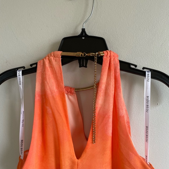 ORANGE SLEEVELESS HALTER MAXI DRESS STRETCH WAIST GOLD NECKLACE CLOSURE - Picture 10 of 13